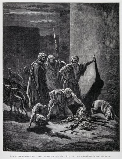 Überreste von Königin Isebel, nachdem sie aus den Palastfenstern geworfen wurde, Illustration aus der Dore-Bibel von Gustave Dore