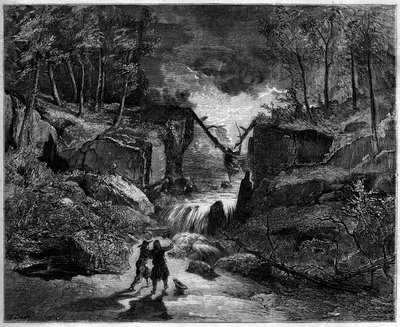 Darstellung einer Oper: Das verrückte Grab im Strom - Letzte Szene, Akt II von „Pardon de Ploermel“, komische Oper von 1859 nach einem Libretto von Michel Carré (1819-1872) und Jules Barbier (1822-1901), und Musik von Giacomo Meyerbeer (1791-1864) - Theate von Gustave Dore