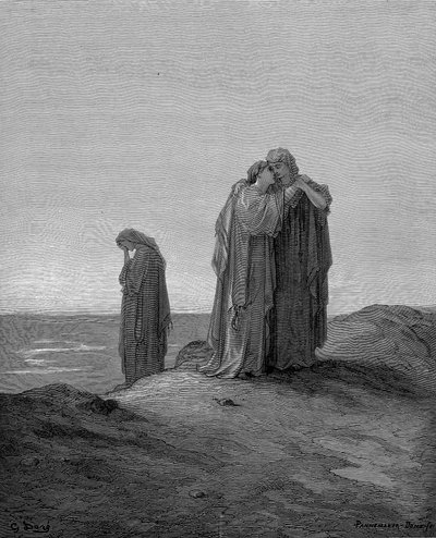 Ruth umarmt ihre Schwiegermutter Naomi und verspricht, bei ihr zu bleiben, jetzt wo sie trauern, 1866 von Gustave Dore