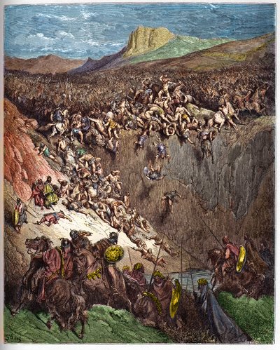 Samson tötet die Philister mit einem Eselskinnbacken - Gravur in „Die illustrierte Bibel“ von Gustave Doré - Gravur aus „Die Doré-Bibel“ von Gustave Dore
