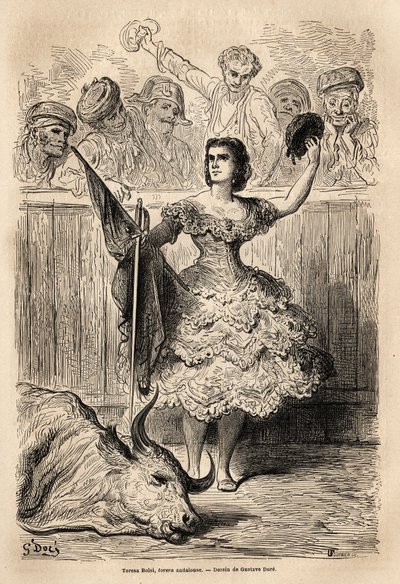 Szene des Stierkampfs: der Triumph von Teresa Bolsi, andalusische Torrera, die die Versammlung in Sevilla grüßt. Skizze nach dem Leben von Gustave Dore (1832-1883). Gravur zur Illustration der Reise in Spanien, 1862 von Charles Davillier und G von Gustave Dore
