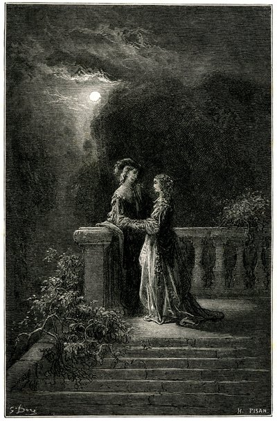 Sigognac und Isabelle: Liebende endlich vereint im Mondlicht. Am Ende triumphiert die Liebe! Illustration von Gustave Doré zum Schelmenroman von Théophile Gautier „Le capitaine Fracasse“, Ausgabe Charpentier 1863. von Gustave Dore