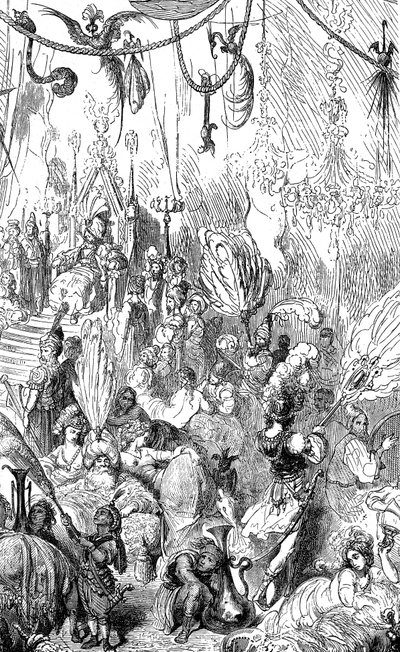 Sindbad der Seefahrer - Märchen aus Tausendundeiner Nacht - Illustration von Gustave Doré - Maxwell-Ausgabe 1865 - Sechste Reise - dieser Stich kann den Hof des Königs von Serendib oder den des Kalifen Harun al-Raschid darstellen von Gustave Dore