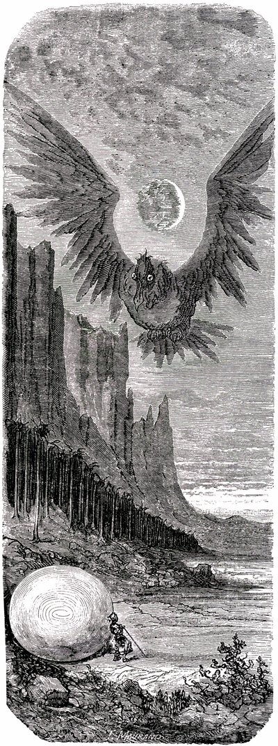 Sindbad der Seefahrer - Märchen aus Tausendundeiner Nacht - Illustration von Gustave Doré - Ausgabe Maxwell 1865 - Zweite Reise: Sindbad entdeckt auf einer Insel ein riesiges Ei des gigantischen Vogels Roc und wird von diesem Riesenangriff angegriffen von Gustave Dore