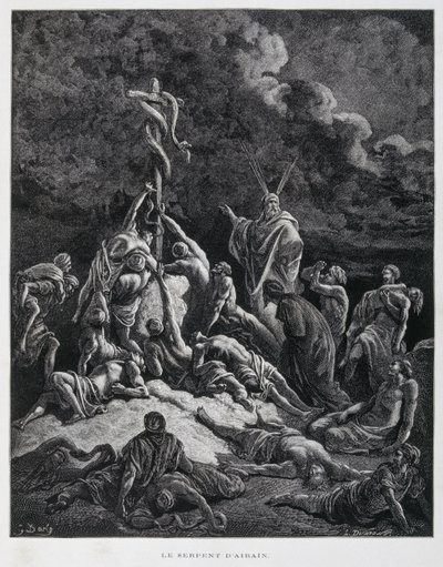 So machte Mose eine bronzene Schlange und setzte sie auf eine Stange. Numeri 21:7, Illustration aus der Dore-Bibel von Gustave Dore