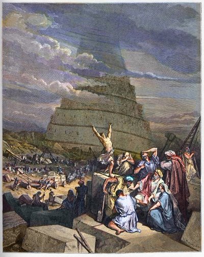 Turm von Babel - Die Turm von Babel Illustration von Genesis und Sprachverwirrung durch Yahve. Rechts diskutiert König Nimrud (oder Nimrod, Nemrod) mit den Architekten - Gravur in „The Bible illustree“ von Gustave Dore (1832-1883) - Gravur aus „The Dore Bi von Gustave Dore