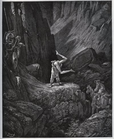 Die akrobatische Buße von Don Quijote in der Sierra Morena - aus „Don Quijote de la Mancha“ von Miguel Cervantes (1547-1616) - Holzschnitt nach einer Zeichnung von Gustave Doré von Gustave Dore