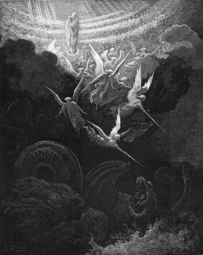 Der Erzengel Michael und seine Engel kämpfen gegen den Drachen, 1865-1866 von Gustave Dore