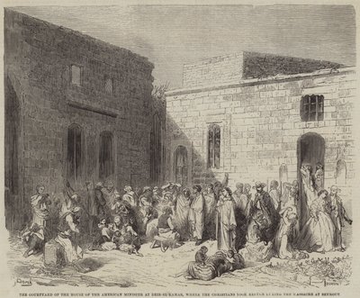 Der Hof des Hauses des amerikanischen Ministers in Deir-el-Kamar, wo die Christen Zuflucht suchten von Gustave Dore
