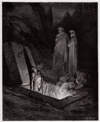 Die Göttliche Komödie (La Divina Commedia), Inferno, Gesang 10: Farinata degli Uberti spricht zu Dante - von Dante Alighieri (1265-1321) - Illustration von Gustave Doré (1832-1883) von Gustave Dore