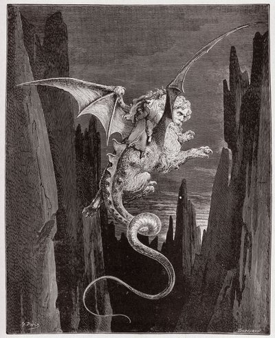 Die Göttliche Komödie (La Divina Commedia, La Divine Comedie), Inferno, Gesang 17: Der Abstieg in den Abgrund auf Geryons Rücken - von Dante Alighieri (1265-1321) - Illustration von Gustave Dore (1832-1883) von Gustave Dore