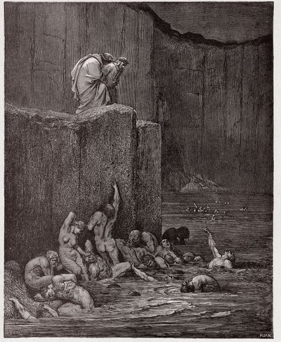 Die Göttliche Komödie, Inferno, Gesang 18: Buhler und Schmeichler im achten Kreis - von Dante Alighieri (1265-1321) - Illustration von Gustave Doré (1832-1883) von Gustave Dore