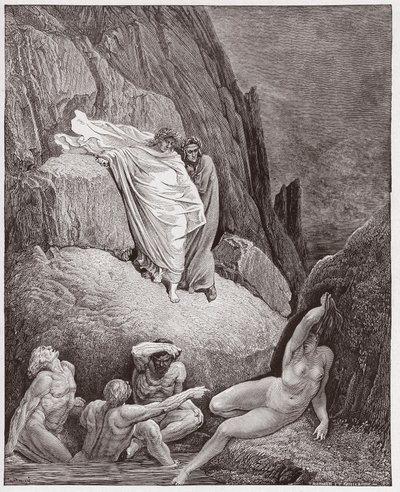 Die Göttliche Komödie, Inferno, Gesang 18: Virgil zeigt Dante den Schatten von Thais (Illustration von Gustave Doré) von Gustave Dore
