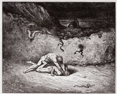 Die Göttliche Komödie, Inferno, Gesang 30: Die Qual der Fälscher in der neunten Bolgia (Gianni Schicchi) (Illustration von Gustave Doré) von Gustave Dore