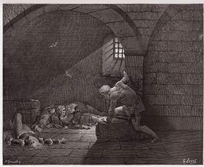 Die Göttliche Komödie, Inferno, Gesang 33: Ugolino in der Zelle mit seinen vier toten Söhnen (Illustration von Gustave Doré) von Gustave Dore