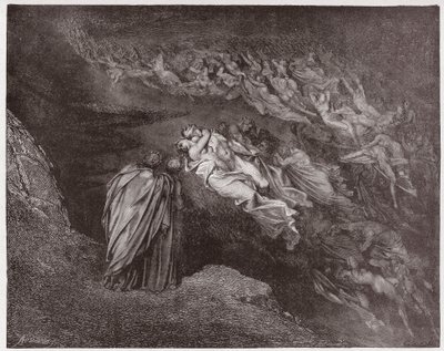 Die Göttliche Komödie, Inferno, Gesang 5: Die Seele von Francesca spricht zu Dante (Illustration von Gustave Doré) von Gustave Dore
