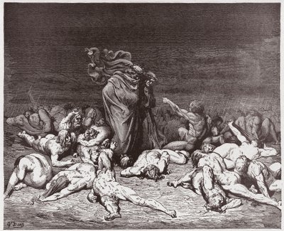 Die Göttliche Komödie, Inferno, Gesang 6: Die Gefräßigen werden von ewigem Regen gepeitscht (Illustration von Gustave Doré) von Gustave Dore