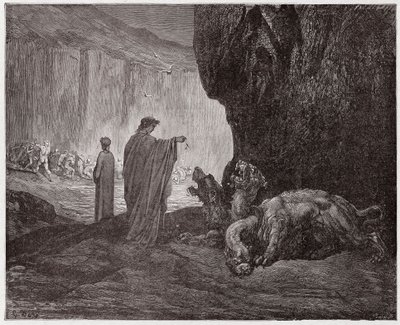 Die Göttliche Komödie, Inferno, Gesang 6: Virgil füttert Cerberus im dritten Kreis (Illustration von Gustave Doré) von Gustave Dore