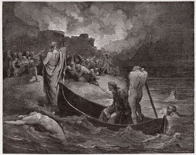 Die Göttliche Komödie (La Divina Commedia), Inferno, Gesang 8: Virgil und Dante landen an der Zitadelle von Dis - von Dante Alighieri (1265-1321) - Illustration von Gustave Doré (1832-1883) von Gustave Dore