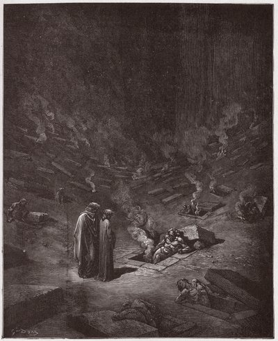 Die Göttliche Komödie, Inferno, Gesang 9: Die brennenden Gräber der Häresiarchen (Illustration von Gustave Doré) von Gustave Dore