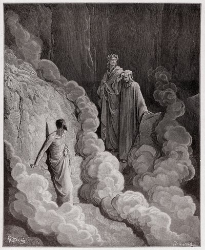 Die Göttliche Komödie (La Divina Commedia), Purgatorio, Gesang 16: Dante spricht mit der Seele von Marco Lombardo - von Dante Alighieri - Illustration von Gustave Dore von Gustave Dore