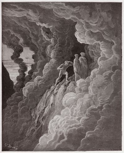 Die Göttliche Komödie, Purgatorio, Gesang 16: Marco Lombardo folgt den Dichtern durch den Rauch - von Dante Alighieri (1265-1321) - Illustration von Gustave Doré (1832-1883) von Gustave Dore