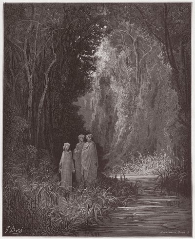 Die Göttliche Komödie (La Divina Commedia), Purgatorio, Gesang 28: Dante, Virgil und Statius im alten Wald des irdischen Paradieses - von Dante Alighieri (1265-1321) - Illustration von Gustave Doré (1832-1883) von Gustave Dore