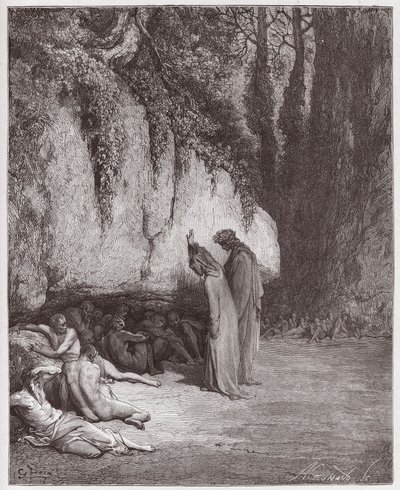 Die Göttliche Komödie, Purgatorio, Gesang 4: Die trägen Seelen neben dem Felsen (Illustration von Gustave Doré) von Gustave Dore