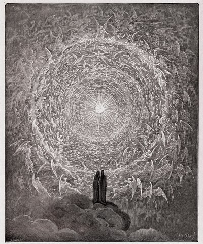 Die Göttliche Komödie, Paradiso, Gesang 31: Die heilige Schar bildet eine Rose im Empyreum (Himmelsrose) - von Dante Alighieri (1265-1321) von Gustave Dore