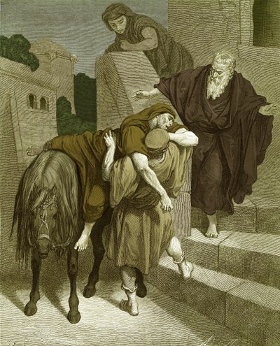 Der barmherzige Samariter im Gasthaus, von Doré - Bibel von Gustave Dore