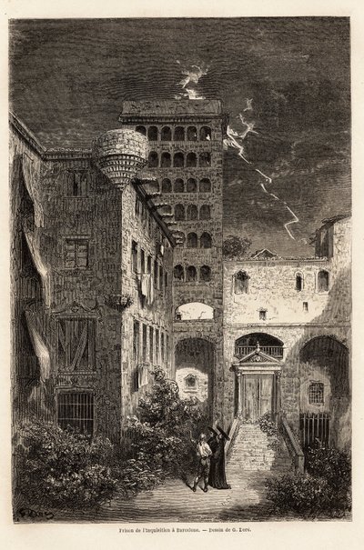 Das Gefängnis der Inquisition in Barcelona, Zeichnung von Gustave Doré (1832-1883), zur Illustration seiner Reise nach Spanien mit C. Davillier im Jahr 1862. Gravur in „Le tour du monde“, herausgegeben von Edouard Charton von Gustave Dore