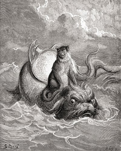 Der Affe und der Delphin nach einem Werk von Gustave Doré für eine La Fontaine-Fabel. Aus Leben und Erinnerungen von Gustave Doré, veröffentlicht 1885. von Gustave Dore