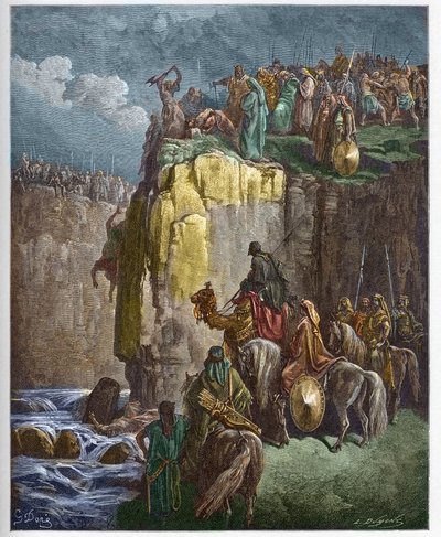 Das Abschlachten der Propheten Baals - Der Prophet Elija lässt die Priester Baals umkommen - Gravur in Die illustrierte Bibel von Gustave Doré - Gravur aus Die Doré-Bibel von Gustave Dore