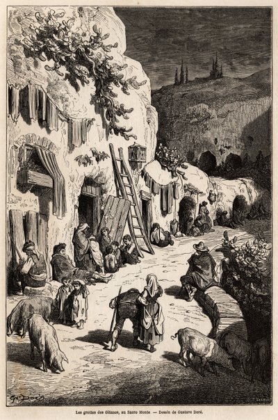Die Höhlen (unterirdische Häuser) der Zigeuner, in Sacro Monte, in Granada. Zeichnung von Gustave Doré, zur Illustration seiner Reise nach Spanien im Jahr 1862, begleitet von Ch. Davillier. Gravur in „Le tour du monde“, herausgegeben von Edouard Charton von Gustave Dore