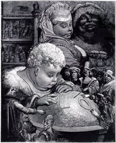 Die Erziehung des Gargantua: der Riese, Kind, studiert mit seinen Lehrern einen Globus, unter den Augen seiner Eltern von Gustave Dore