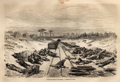Die Ruhepause in Argamasilla, die vielen Eisenbahnarbeiter liegen auf den Gleisen und ruhen sich in der prallen Sonne aus. Gravur zur Illustration der Reise nach Spanien von Gustave Doré (1832-1883) Illustrator und Baron Ch. Davillier Redakteur, 1862, verö von Gustave Dore