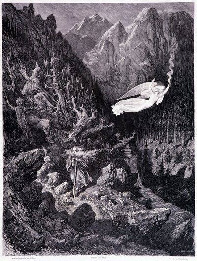 Der alte Mann mit Geldbeutel und Stock, der in einer feindlichen Landschaft geht, wird von einem Engel mit einer Feuerlanze überragt, Tafel VII - Illustration von Gustave Doré für La légende du Juif errant von Pierre Dupont von Gustave Dore