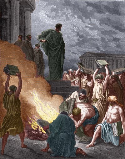 Die Prophezeiung des Paulus an Ephesus. Juden, die sich mit Exorzismus beschäftigten, verbrennen die Bücher. Illustration von Gustave Doré von Gustave Dore