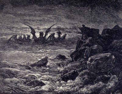 Der Prophet Daniel sieht Monster erscheinen: Haniel, Kafziel, Azriel, Aniel. Gravur aus der Bibel illustriert von Gustave Doré. 19. Jahrhundert von Gustave Dore