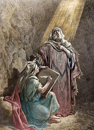 Der Prophet Jeremia diktiert seine Prophezeiungen an Baruch - Kolorierte Gravur von Pannemacker, aus der Bibel von Gustave Doré (1832-1883) von Gustave Dore