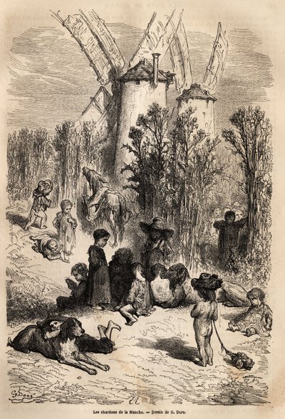 Die Disteln des Kanals, am Fuße der Mühlen, die Don Quijote lieb sind, mit der Darstellung eines Windhundes, einer in der Region sehr häufigen Hunderasse (die Figur des immer hungrigen Galgo corredor in Don Quijote) und einer Menge bettelnder Kinder, wahre von Gustave Dore