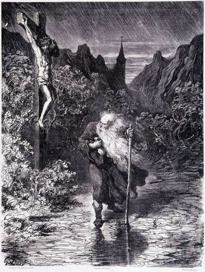 Der wandernde Jude nahe einem Kalvarienberg - in „Die Legende des wandernden Juden“ von Gustave Doré, Buchhandlung des malerischen Ladens von Gustave Dore