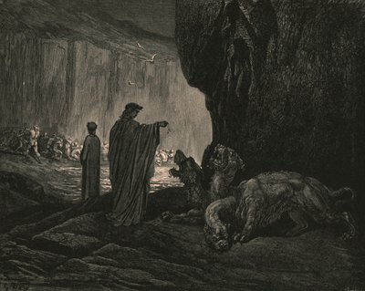 Dann mein Führer, seine Handflächen auf dem Boden ausbreitend, ca. 1890 von Gustave Dore
