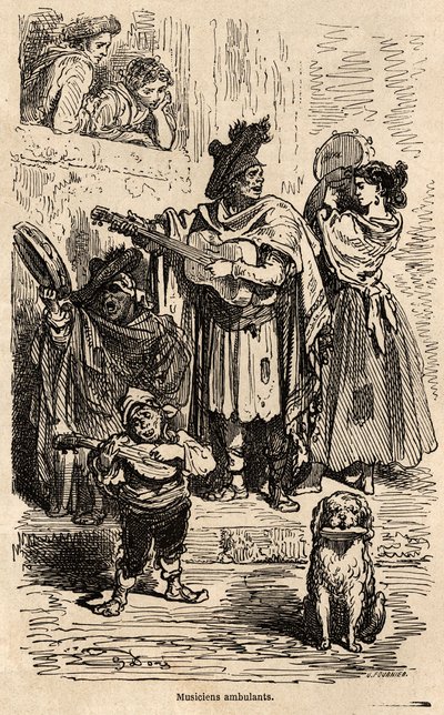 Reisende Musiker in Valencia. Zeichnung von Gustave Doré zur Illustration seiner Reise nach Spanien mit C. Davillier 1862. Gravur in „Le tour du monde“, herausgegeben von Edouard Charton von Gustave Dore