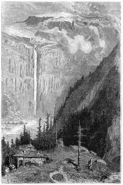 Wasserfall des Cirque de Gavarnie vom Gasthaus aus gesehen: Stich von Gustave Doré, der das Buch „Reise in die Pyrenäen“ von Hippolyte Taine, Hachette 1860, illustriert von Gustave Dore