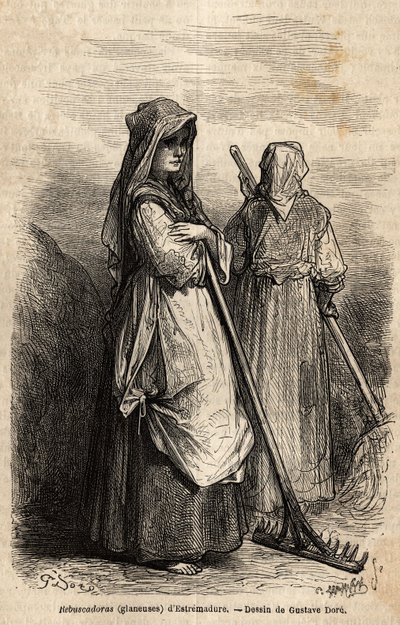 Die Nachleser von Estremadura, mit ihren großen Holzrechen, um den Teil der Ernte aufzusammeln, der nach der Ernte auf den Feldern vergessen wurde. Gravur zur Illustration der Reise nach Spanien von Gustave Dore und Baron Ch. Davillier von Gustave Dore
