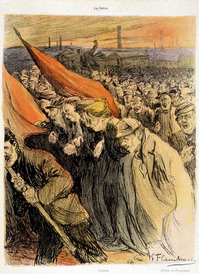 Gekrümmte Menge mit roten Fahnen, La Grève von Flaschoën, Anfang 20. Jh. von Gustave Flasschoen