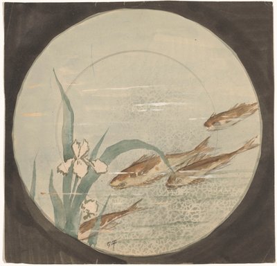 Entwurf für einen Teller mit vier braunen, nach unten schwimmenden Fischen bei einer weißen Iris von Gustave Fraipont (signed by artist)