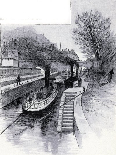 Schleppboote der Schleuse auf der Seine vor dem Hôtel des Monnaies, Paris Zeichnung von Gustave Fraipont (1849-1923) aus Saint-Juirs von Gustave Fraipont