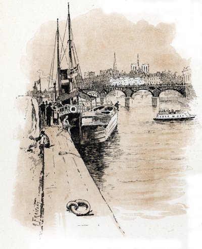 Ansicht der Gesellschaft Seine et Thames, deren Boote Paris und London verbinden Zeichnung von Gustave Fraipont (1849-1923) aus „La Seine à travers Paris“ von Saint-Juirs von Gustave Fraipont